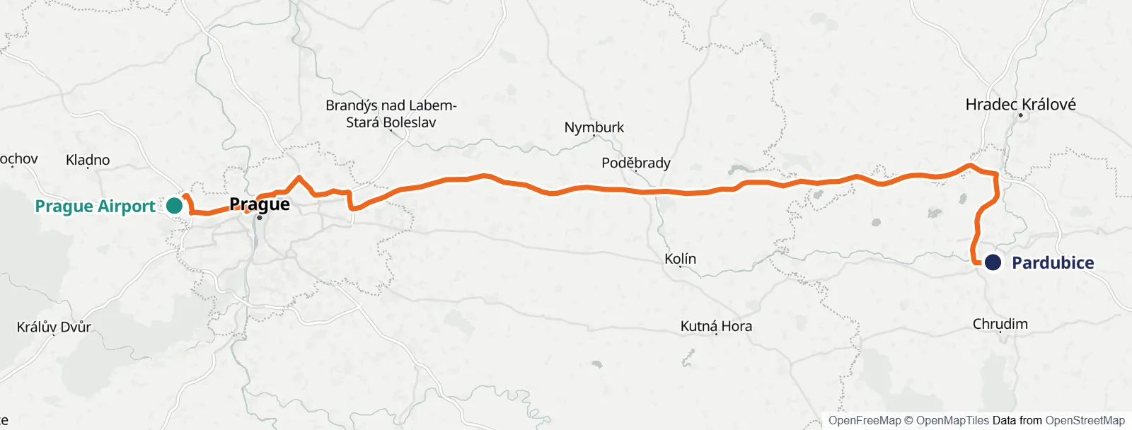 Rota haritası: Prague Airport – Pardubice