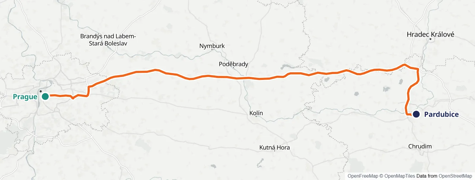 Rota haritası: Prague – Pardubice